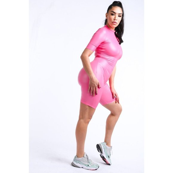 Women's Casual Short Sleeve Solid Stretch Satin Pu Zipper Biker Bodycon Romper - Picture 4 of 11